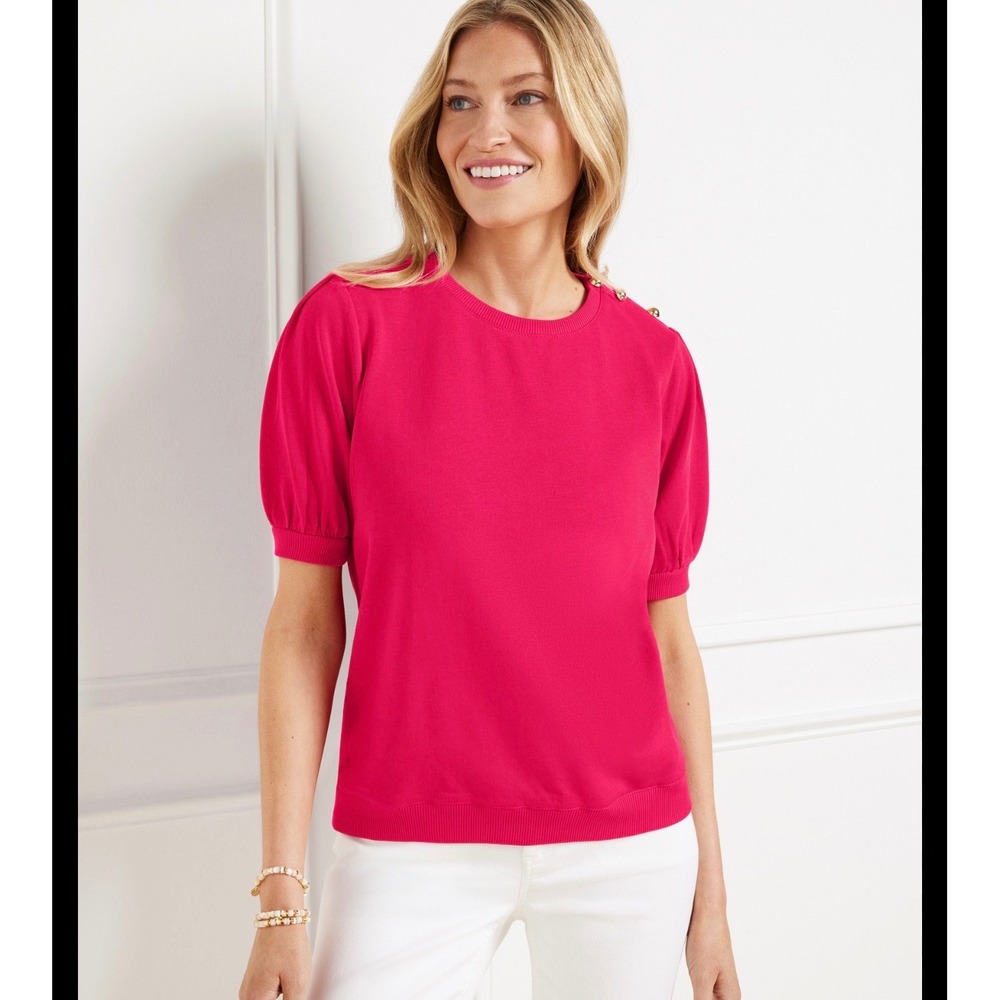 Talbots Pink Puff Sleeve Sweatshirt Top Gold Button Shoulder Cotton Small NWT - Picture 1 of 10